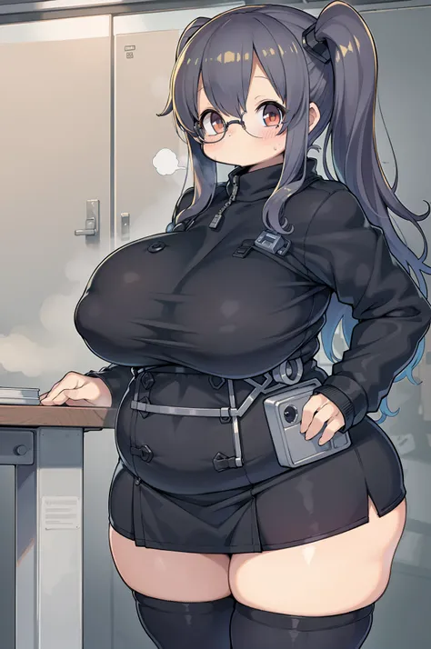 Absurd resolution, High resolution, (masutepiece: 1.4), Hyper-detailing, Young woman messy black long hair glasses welder dresses up, Highly technical robotic arm workbench、big round glasses、huge-breasted,large boob、Ultramammy、bbw、Large Thigh、tiny girl、sho...