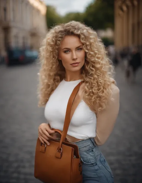 blonde woman with curly hair poses on the street,  handbag, photo taken with provia, in the style of ultrafine detail, high quality photo, 105 mm f/2.4