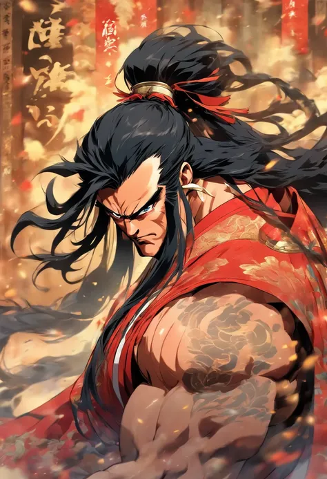 Long black hair, Ancient Chinese clothing, Middle-aged man, Muscular, Big man