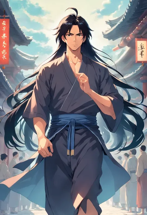 Long black hair, Ancient Chinese clothing, Middle-aged man, Muscular, Big man