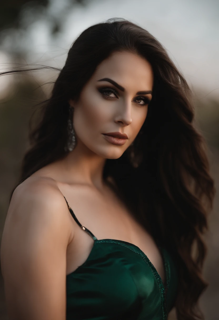 there is a woman with long hair and a black dress posing for a picture, kaitlyn michelle siragusa, dark hair and makeup, kailee mandel, with long hair and piercing eyes, angelawhite, violet myers, stunning beautiful, sexy girl with green eyes, young woman ...