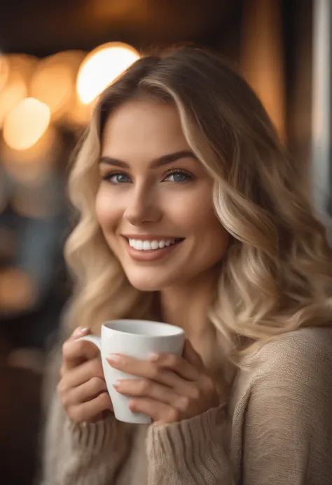 beautiful blonde wearing beige sweater (sipping coffee inside a modern café at sunset), very detailed, 21 years old, innocent face, natural wavy hair, blue eyes, high resolution, masterpiece, best quality, intricate details, highly detailed, sharp focus, d...