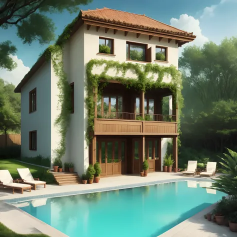 Luxury house and sandy pool with lots of greenery