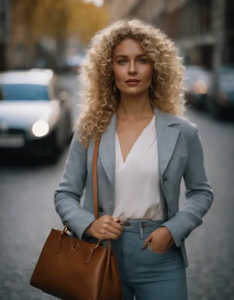 blonde woman with curly hair poses on the street,  handbag, photo taken with provia, in the style of ultrafine detail, high quality photo, 105 mm f/2.4