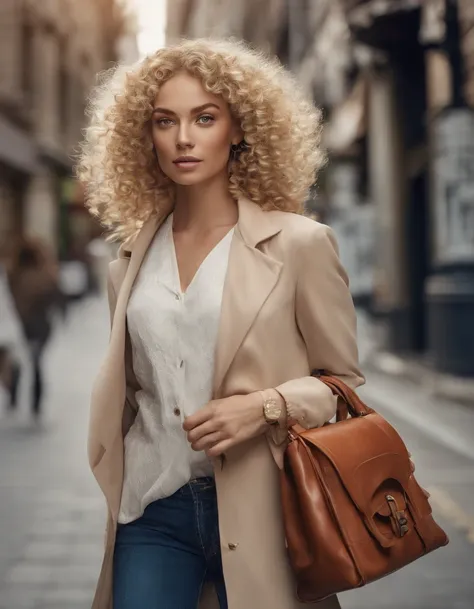 blonde woman with curly hair poses on the street, a handbag, photo taken with provia, in the style of ultrafine detail, high quality photo, 105 mm f/2.4