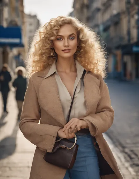 blonde woman with curly hair poses on the street, a handbag, photo taken with provia, in the style of ultrafine detail, high quality photo, 105 mm f/2.4