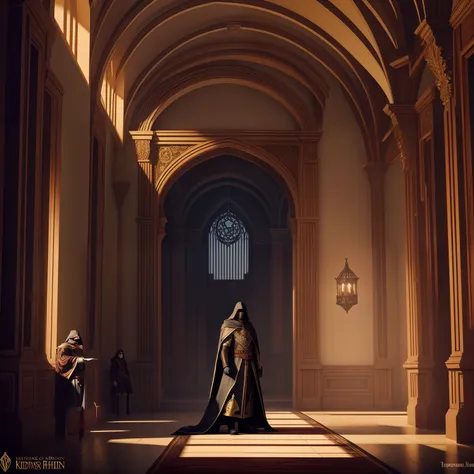 there's the hooded king's advisor right next to him in the shadows in a pretty hall, concept art dramatic style