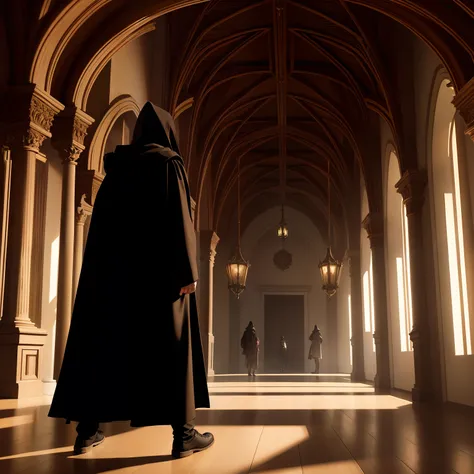 Theres the hooded kings advisor right next to him in the shadows in a pretty hall, Concept art Dramatic style