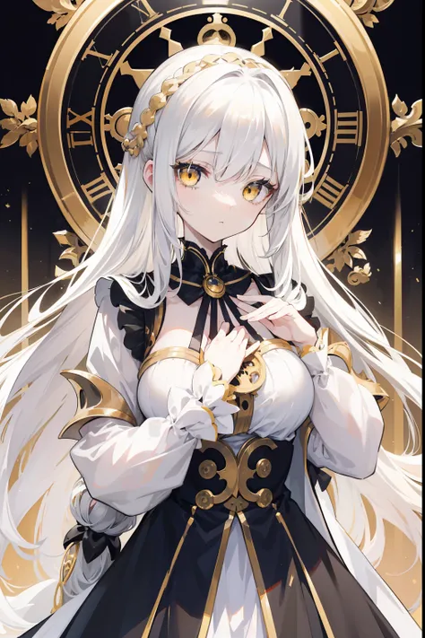 Anime girl, fair skin, long white hair, beautiful yellow eyes, in a black and white dress, emotionless face, body facing to the side, detailed golden and black accessories in her hair with a beautiful golden clockwork halo ontop of her head, hands raised t...