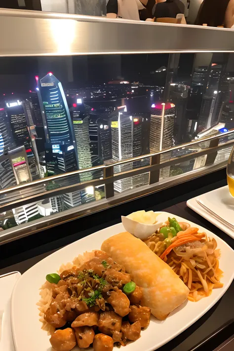 Dinner in Singapore. Show foods. Hyperrealistic. Good view. iPhone quality.