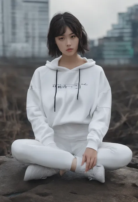 ((of the highest quality, 8K,Raw photo)), (Realistic, Photorealistic: 1.37), (Face Focus: 1.1), Small breasts, flat chest, Short hair, A Japanese Lady、20yr old、Japan idol system、(white sweatshirt: 1.1)、Skirt, Sitting, Arms up, From below, Sunlight, Movie L...