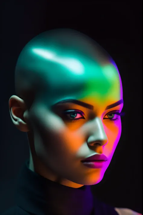 35mm, Neon, analog photo, dinamic lighting, chiaroscuro, hyper realisitc, luminism, HD, very detail. Colorful gradients. Gradient glow. Orange-violet-green lights. A womans skin is multicolored in a beautiful glow. Gradients on the face. Gradient lights on...