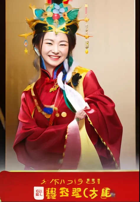 Smiling woman in cheongsam with crown on head,