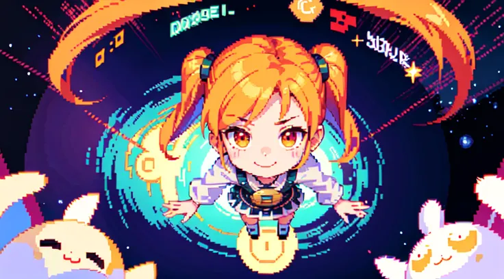 Chibi Chara, Anime, Cute girl in twin tail Argyle Check One Piece, Orange hair, (red eyes), (two heads high such character), ((Infinite Universe, Cosmotic Adventure)), ((pixel art)), (Retro Games), (Character Chip), Battle graphic,  top view,