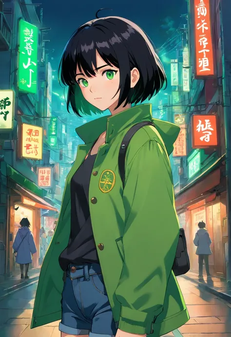 1girl, (masterpiece), black hair, short hair, green eyes, Green coat, black short jeans, cyberpunk city,