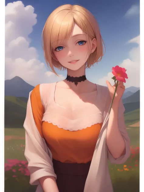 (realistic,painting_style,)mature, 1girl, solo, amelia watson, virtual youtuber,blonde hair, blue eyes, choker, flower, short ha...