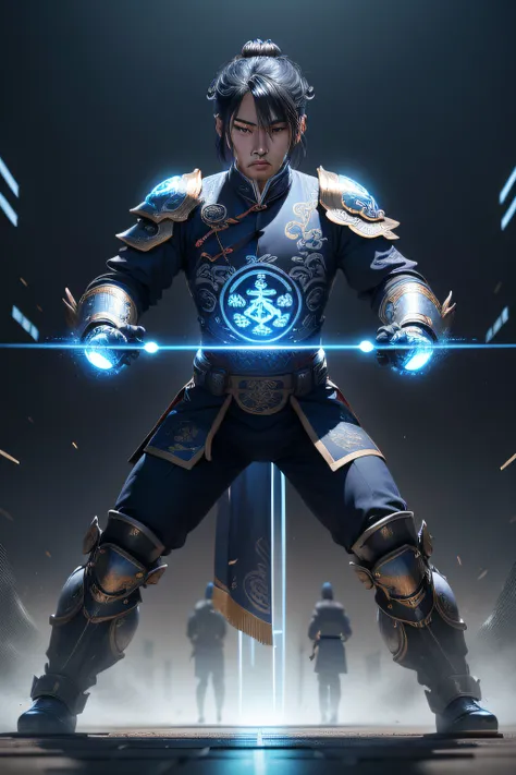 Taoist eyes are resolute，Its all mechanical armor，Blue is predominant，The large traditional Chinese Tai Chi logo is on the clothes，Strong combat effectiveness，Background Tiangong，High quality, Skin texture, Intricate details, (Cinematic lighting), photo RA...