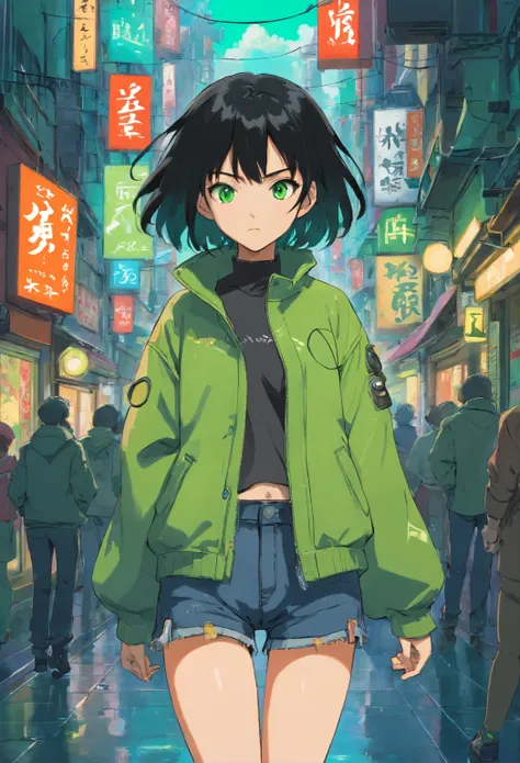 1girl, (masterpiece), black hair, short hair, green eyes, Green coat, black short jeans, cyberpunk city,