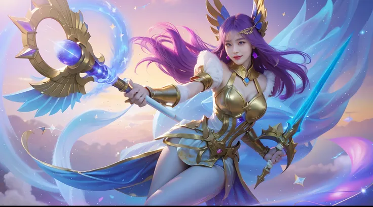 1girl, a beautiful asian girl with purple hair and a gold outfit holding a magic wand, beautiful smile, white and gold suit color, seraphine ahri kda, star guardians, star guardian inspired, portrait knights of zodiac girl, beautiful celestial mage, knight...