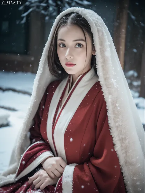 Kizi，Old European-style castle，Squat and sit，Bare legs，((outside，Actual heavy snowfall，cloaks，Cover with snow，(Lolita costume)， Horizontal viewing angle)), (full bodyesbian:1.5), fission, Brandon Flake, (8K, ........primitive, professional, best qualtiy, t...