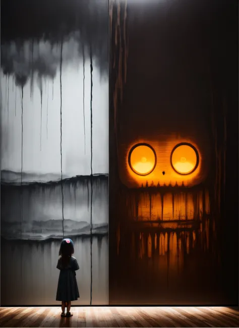 A little girl is standing next to an image of a monster in a dark room, in the style of soft brushstroke realism, dystopian landscapes, mote kei, dark brown and gray, cabincore, drip painting, 8k