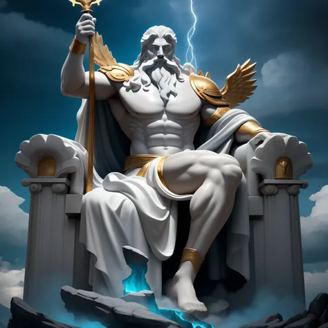 An epic image depicting Zeus, Le roi des dieux grecs, dans toute sa splendeur. He sits on his heavenly throne, holding a lightning bolt in his hand, avec un look imposant et majestueux. Autour de vous, Charged clouds and lightning illuminate the landscape,...