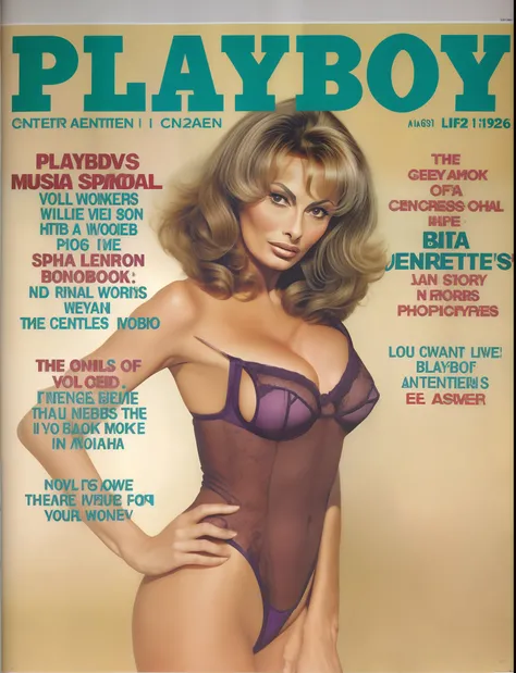 arafed image of a magazine cover with ((Sophia Loren)) in a purple lingerie, playboy cover, playboy centerfold, playboy, playboy bunny, posing for playboy photoshoot, playboy style, cover shot, magazine centerfold, retro cover, by Robert Peak, centerfold, ...