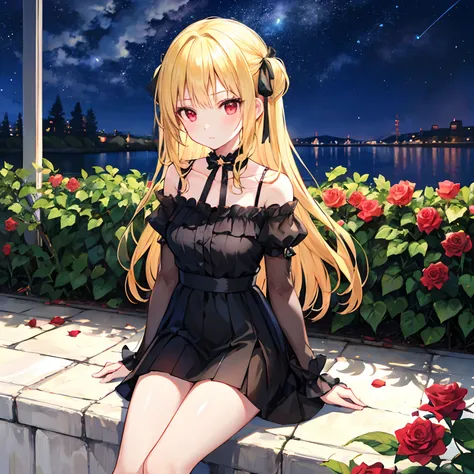 a blond、bow ribbon、red eyes、Beautiful girl alone、Black dress、off shoulders、a miniskirt、sitting on、rose garden、starrysky