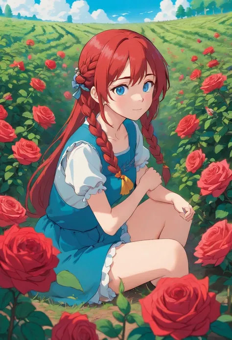 1 Female anime,   braidedhair, Red hair, Blue eyes, Sit in the middle of a rose field.