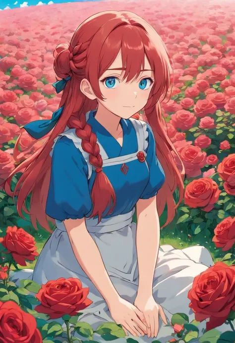 1 Female anime,   braidedhair, Red hair, Blue eyes, Sit in the middle of a rose field.