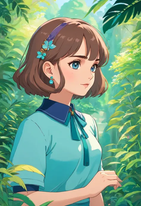 a girl,natalie portman wearing an anime collar, a long necklace and earrings, in the style of tranquil gardenscapes, colorful animation stills, masami teraoka, aquamarine, paul gauguin, Embry style, honest portrayal