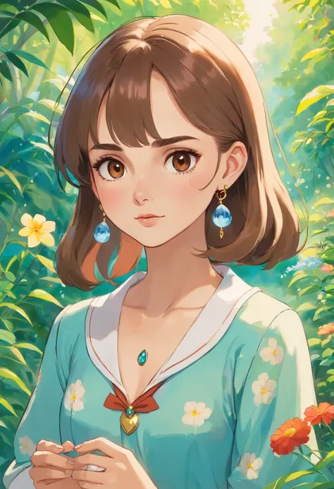 a girl,natalie portman,brown eyes, wearing an anime collar, a long necklace and earrings, in the style of tranquil gardenscapes, colorful animation stills, masami teraoka, aquamarine, paul gauguin, Embry style, honest portrayal