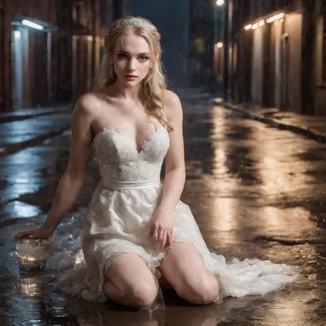 bride sitting on the floor in an alley, pale skin, long blonde hair, looking messy, dripping makup with a bottle of wine in hand, wearing brown work boots, (wedding dress garter:1.2), athletic and fit body, thin, flirty, looking happy challenging, looking ...