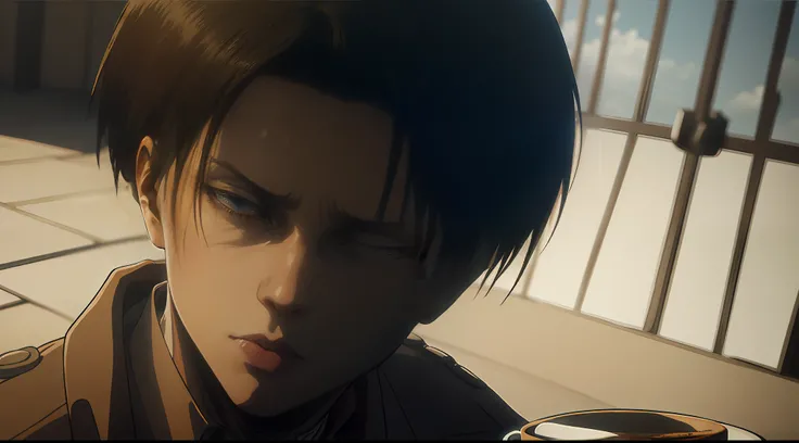 arte de anime realista, Cabelo Detalhado, oil paint, Levi Ackerman, Attack on Titan, cabelos pretos, olho detalhado, nariz detalhado, Realistic, Olho preto, Realistic, olho preto detalhado. Having a cup of tea.