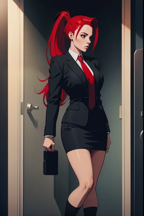 woman, red ponytail hair, wearing a black office suit, red tie,black office skirt, standing, dark, midnight