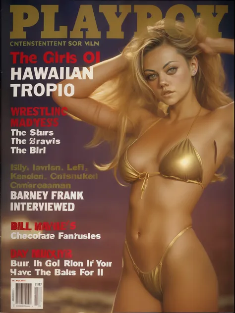 arafed image of ((Mila Kunis)) in a golden bikini on a playboy magazine cover, magazine 1990s, photography of bill brauer, magazine photo from 2007, magazine centerfold, 1 9 9 0 s life magazine, maxim magazine, sports illustrated, maxim cover, maxim magazi...