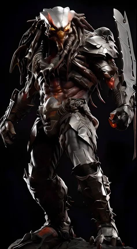 a close up of a statue of a predator with a sword, high detail iconic character, from ncsoft, unreal engine character art, incredible sharp details, intimidating full body armor, apex predator, "Ereboss Titan, the predator, muscular male undead cyborg, inc...