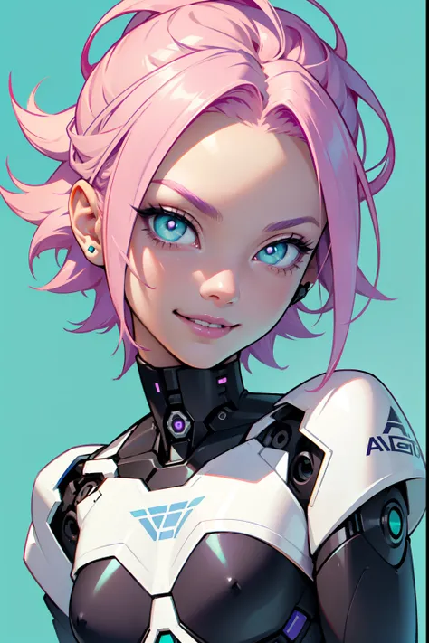 a robotic fantasy girl with robotic face, pink hair style, wearing a white t shirt, happy face and little smile with blue lips, big green eyes, simple purple background, make it for NFT market