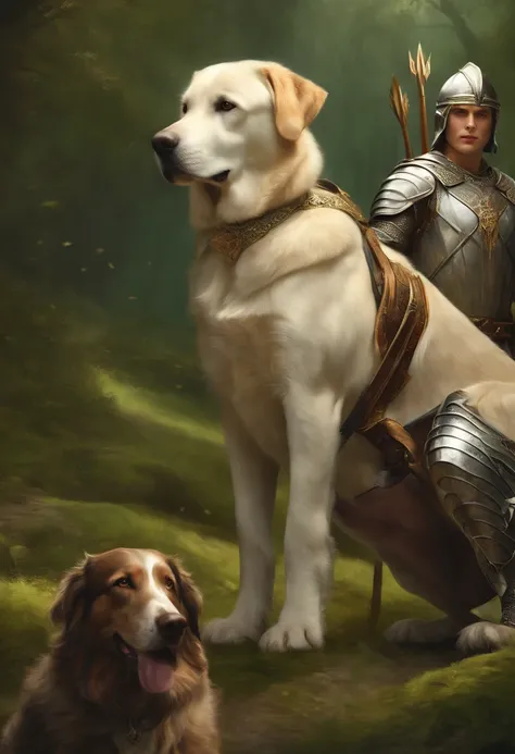 (best quality,highres:1.2),ultra-detailed,(realistic:1.37),Lord of the Rings fanart style,three characters,big fluffy Labrador dog with gold and white fur,greyhound with bow and arrow,small Smeagol in armor,illustration,richly detailed background,portraits...