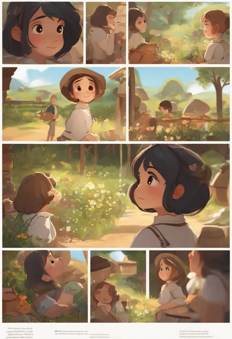 cute girl,different angle, character sheet, Ghibli style, chialdrens book, illustration,  16:9