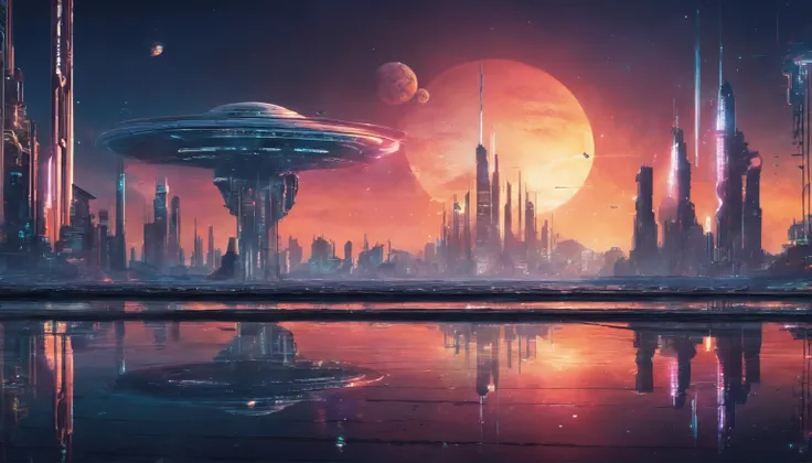 Sci-fi City, Futuristic style, sunset, landscape, cityscape, 4k, ultrahigh quality, detailed