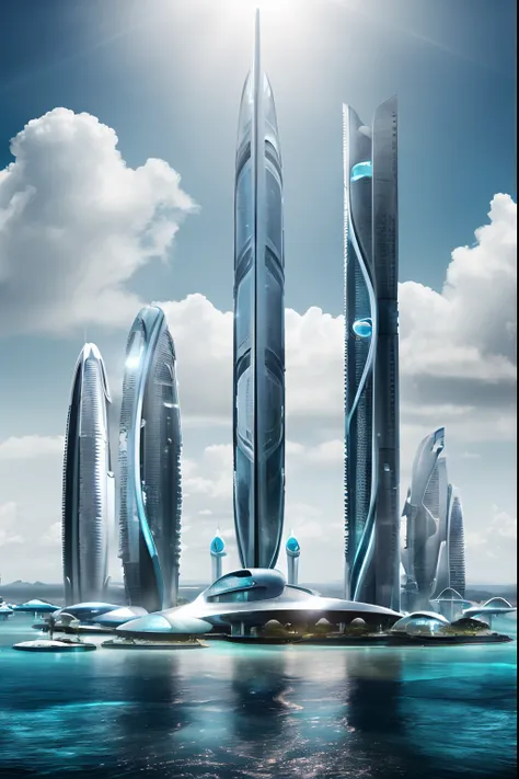 ((obra-prima, melhor qualidade)),  a futuristic 8k underwater city, estilo de arquitetura moderna, foto realista, foto hiper detalhada, sky clear, cidade arruinada, cyberpunk, chuva