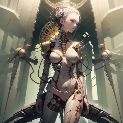 masterpiece best quality ultra-detailed cinematic light, Mechanical girl machine-made joints: 1.4), mechanical limbs blood vessels attached to the tube mechanical spine attached to the back mechanical cervical vertebrae attached to the neck), ((de volta ao...