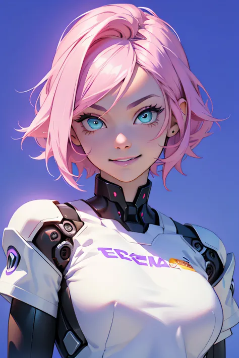 a robotic fantasy girl with robotic face, pink hair style, wearing a white t shirt, happy face and little smile with blue lips, big green eyes, simple purple background, make it for NFT market