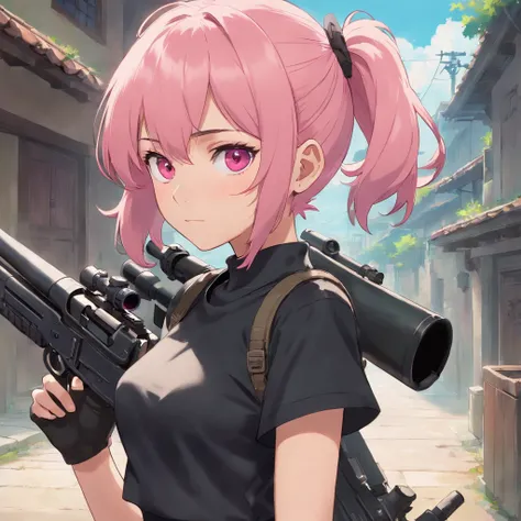 handsome girl, short pink hair, tied in ponytails, black undershirt, blackskirt, pink eyes, Sniper rifle in hand, Skull Mask