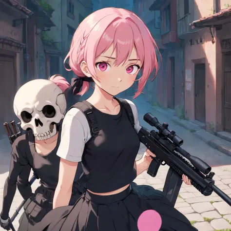 handsome girl, short pink hair, tied in ponytails, black undershirt, blackskirt, pink eyes, Sniper rifle in hand, Skull Mask