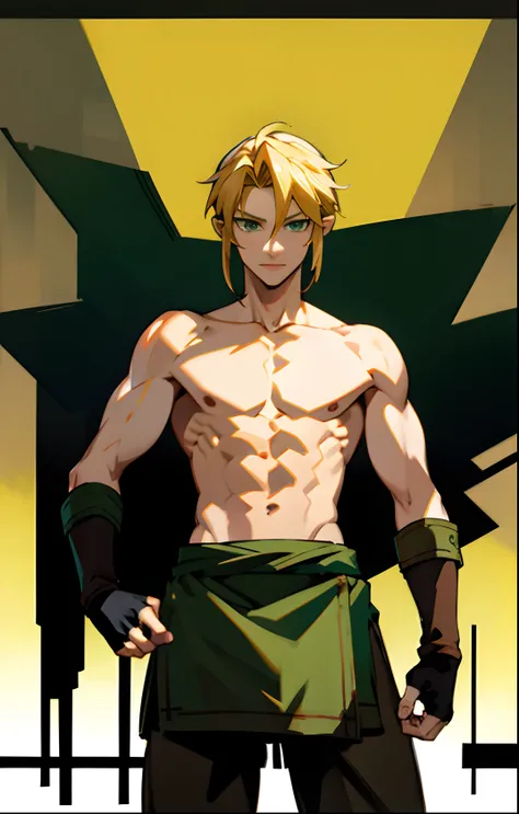 blond, tall, green-eyed guy, viking style, russian hero style, strong,  anime style, anime  , link, ( fingerless gloves), standing, topless , (muscular:0.6)(from above:0.1),(sport:0.2), (empty dojo),(smiling:0.4),(slender:0.4), (dominant), confident, (sadi...