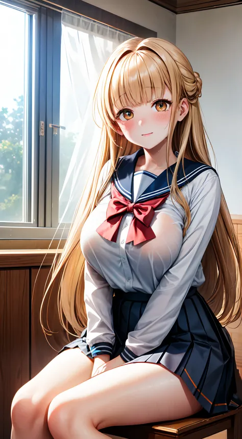 masterpiece, best quality, HD, 4K, Ultra-high resolution, Extreme Detail, Super detailed,
beautiful eyes, beautiful hair, Beautiful side, beautiful skin,dutch angle, Authenticity, Mahiru Shiina, Blonde, Golden-eyed,school uniform, serafuku, pleated skirts,...