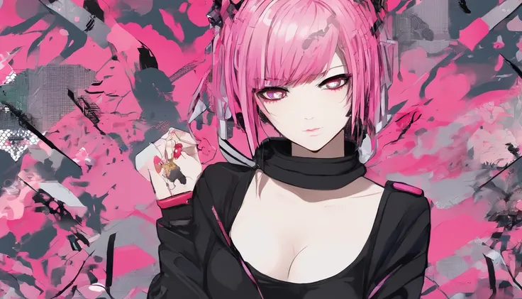 handsome girl, short pink hair, tied in ponytails, black undershirt, blackskirt, pink eyes, Skull Mask