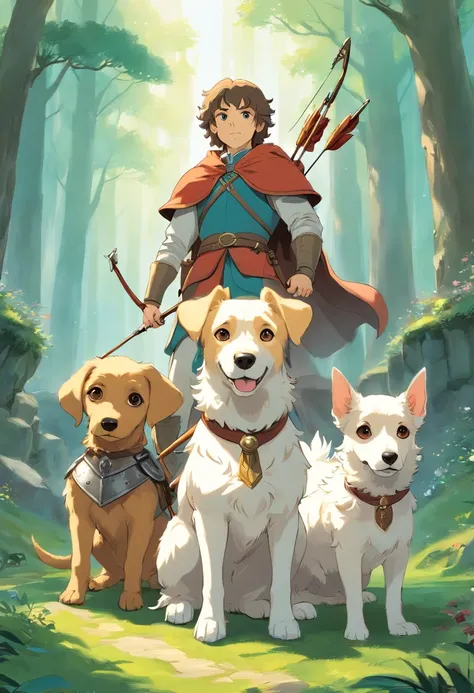 Fantasy lord of the rings style. Three dogs looking towards the front: one a big fluffy labrador retriever with white fur, a greyhound carrying bow and arrow, and a small Yorkshire Terrier wearing armour